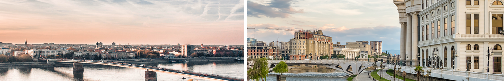 Collage mit einem Stadtbild mit Brücke aus Serbien auf der linken Seite und mit einem Stadtbild mit Brücke aus Nordmazedonien auf der linken Seite und